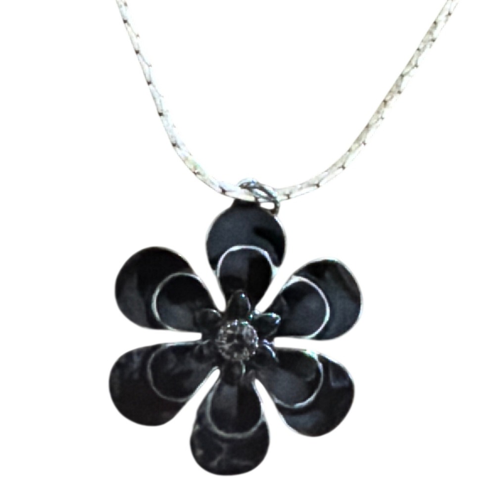 Black Enamel Flower Pendant Necklace Silver Tone Snake Chain Rhinestone Center
